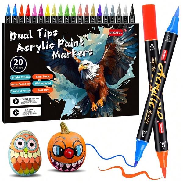 Paint Pens Markers, 20 Colors Dual Tips Waterproof Paint Markers For Rock Painting, Fabric, Metal, Glass, Wood, Ca...