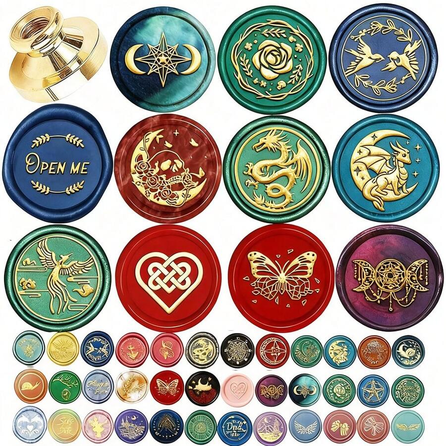 CYFUN DESIGN 1入組25mm鳳凰/蜜蜂/鳥/蘑菇/花/翅膀/蝴蝶結蠟封印章,可拆式圓形黃銅頭,無手把,適用於裝飾,賀卡,信封,酒瓶包裝,筆記本,香水瓶 - 金色 - 查看 1