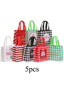 25pcs Christmas Gift Bags - Red & Black Plaid Non-Woven Tote Bags, Christmas Element Printed Decorative Non-Woven Fabric Gift Bags, Reindeer Bell And Stocking Design, Suitable For Party Favors And Holiday Gifts, Christmas Decorations