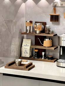 1 pieza Estantería de 3 niveles de gran capacidad con acabado de grano de nogal, estilo nórdico, color nogal, forma trapezoidal, para almacenamiento de accesorios de café/rincón de café, organizador de escritorio multiusos, almacenamiento de cosméticos/regalo de cumpleaños - Marrón - Ver 6