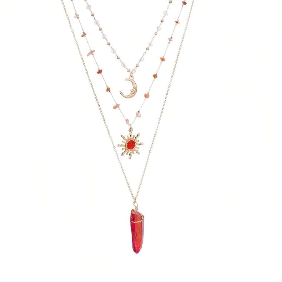 MOSTORY Crystal Sun Fairy Necklace - Crescent Moon Necklace For Renaissance Accessories Women Renfaire Fantasy Jewelry{Inchcolor_nameinch:Inchgold-Redinch} - Gold-red - View 1