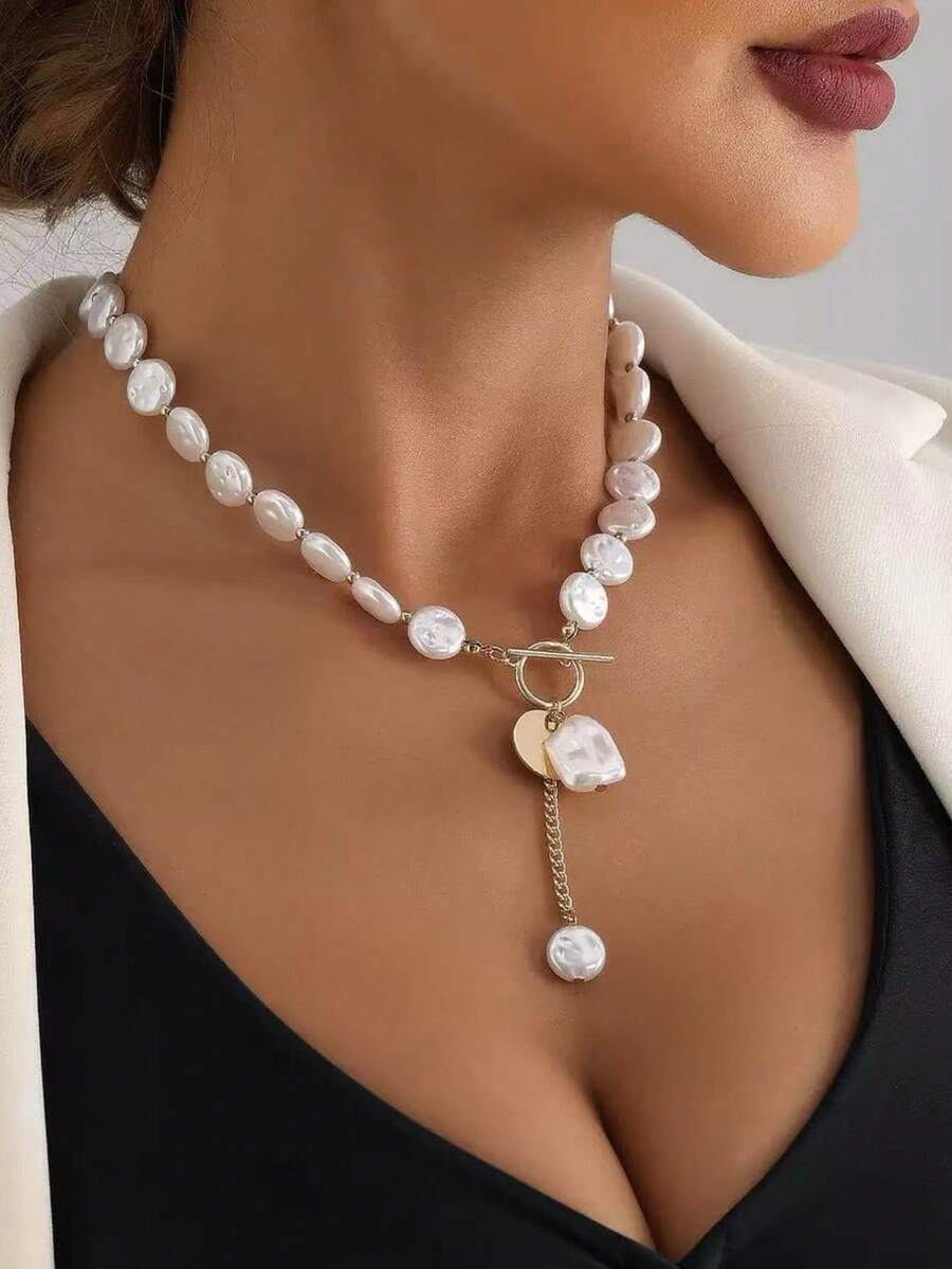 1 chiếc vòng cổ ngọc trai giả phẳng kiểu Baroque tối giản, thanh lịch, khóa cài OT, dây tua rua, thích hợp đeo hàng ngày và dự tiệc. - Dây chuyền tua rua khóa OT ngọc trai dẹt - Xem 1