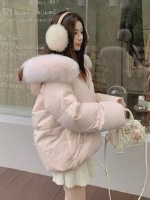 Women's Korean-Style Short Down Jacket, Fashionable For Fall And Winter, Cute, With Collar, Polyester, Slimming, Fur Collar, And Padded Lining For Warmth And Comfort. - Pink - View 4