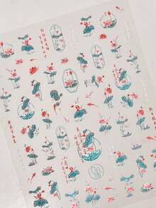 1pc Embossed Lotus Pond Blooming Flowers Dragonfly Koi Fish Boat Press-On Nail Stickers 5D Nail Art Oriental Garden Water Scene Self Adhesive Nails For Women's Elegant DIY Manicure Decals