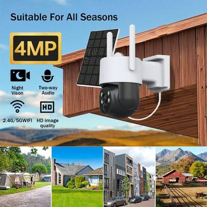 400MP Solar Powered Security Camera, 1440P Full HD Video, 5G/2.4G Dual-Band Outdoor Camera, Night Vision, Remote Monitoring Via App, Two-Way Audio, Motion Detection, Real-Time Alerts, Suitable For Farms And Remote Areas, Applicable For Home/Business/Driveway/Parking Lot