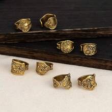 A Set Of 5 Vintage-Engraved Floral Pattern Mixed-And-Matched Western-Style Antique Gold Open Rings, Exuding A Simple And Elegant Charm, Perfect For Everyday Wear, Casual Occasions, Holidays, And Special Occasions.Party Favors,Halloween, The Best Choice For Christmas Party Gifts - 老錢戒指 - 查看 6