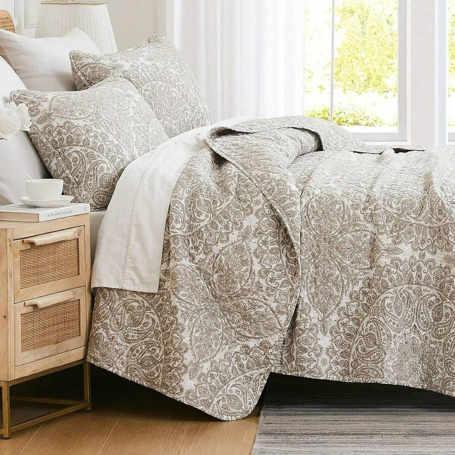 Full/Queen Quilt Bedding Set, Microfiber Quilts Queen Size, Coverlet, Stain & Pet Hair Resistant Bedding, Full Size Bedspread With 2 Pillow Shams, Bone, 2025 - 31 - 阿散蒂骨 - 查看 1