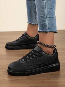 女士平底圆头系带滑板鞋，时尚休闲黑色运动鞋，百搭舒适 - 黑色 - 查看 5