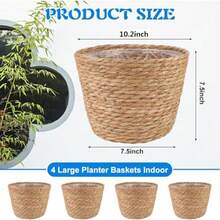 4 Pcs Large Premium Seagrass Planter Basket With Plastic Lining For Indoor Outdoor Plants Natural Stylish Woven Wicker Baskets With Protective Liner Ideal For Flower Pots Cover And Room Decor Dimensions 10.2x7.5x7.5 Inches - tự nhiên - Xem 2