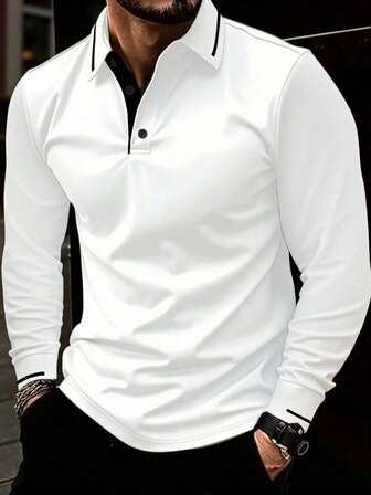 1pc Men Plus Size Casual Solid Color Button-Up Collar Long Sleeve Polo Shirt, Suitable For Spring/Autumn, Fall