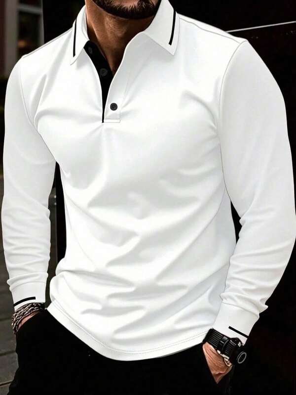 1pc Men Plus Size Casual Solid Color Button-Up Collar Long Sleeve Polo Shirt, Suitable For Spring/Autumn, Fall