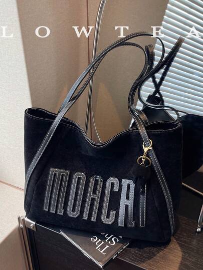 low tea 1pc Suede Fabric Shoulder Tote Bag For Women, Large Capacity Casual Vintage Fashion Zipper Closure Travel, Shopping, Dating, Ladies Gift, Suitable For Teenager, College Student, Office Worker - Comes With Pendant Accessory, Fashion Suede Bag Purse, Newest Fashionable Suede Bag For Women, Perfectly Matching With Fall Outfits Women, New Arrival Tote Bags For Womanfall Clothes For Women, New Fall Fashion 2025 For Women