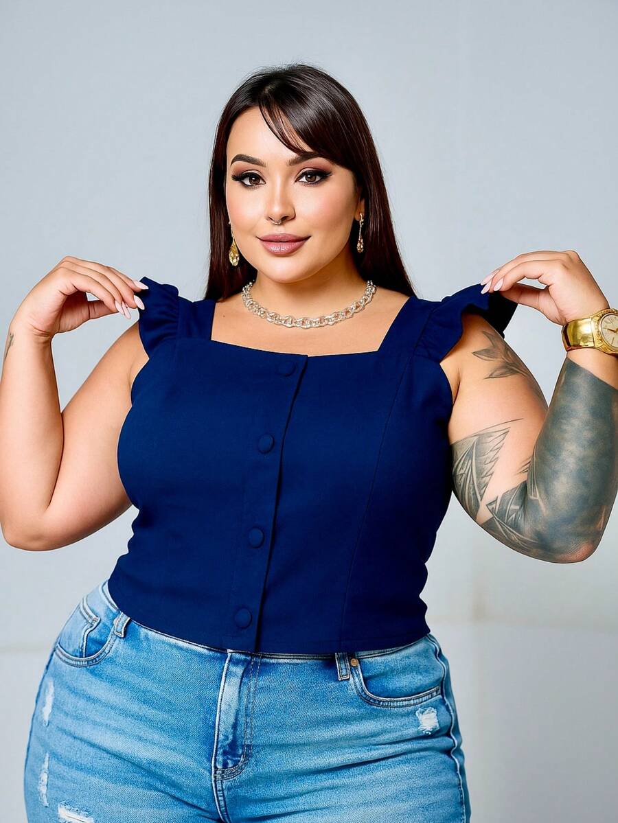 Women's Summer Plus Size Cropped Blouse With Ruffled Sleeves, Button Detail, Back Zipper, Curve Look, Sizes 44 To 54 - Azul Marino - Ver 1