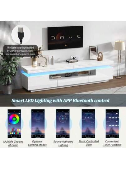 175*38*45cm Living Room TV Cabinet Shaped Cupboards Drawer, High Gloss LED Cabinet, Low Semi Open Storage Space, Free St ing TVs Up To 75 Inches view 6