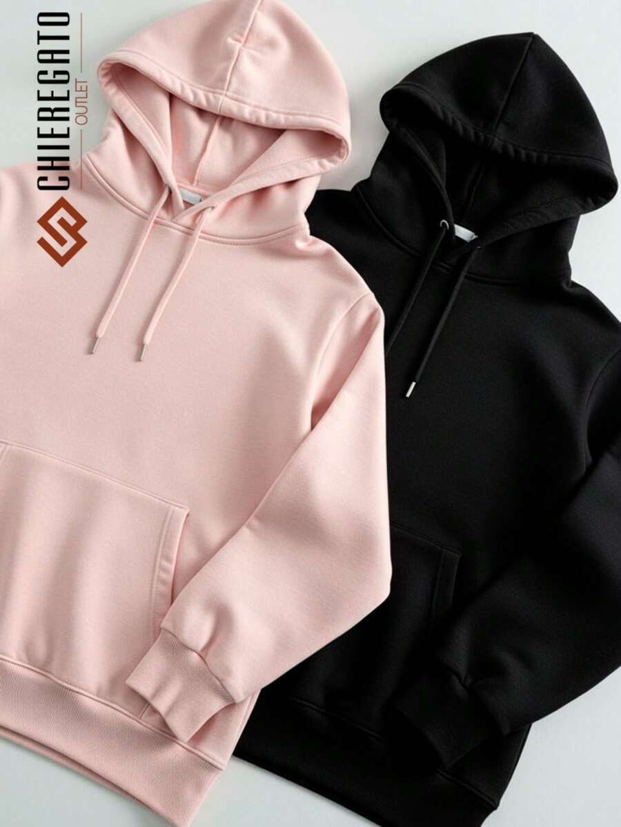 Kit Of 2 Hooded Sweatshirts, Casual Basic Style, Unisex Winter Set - - Hồng/Đen - Xem 1