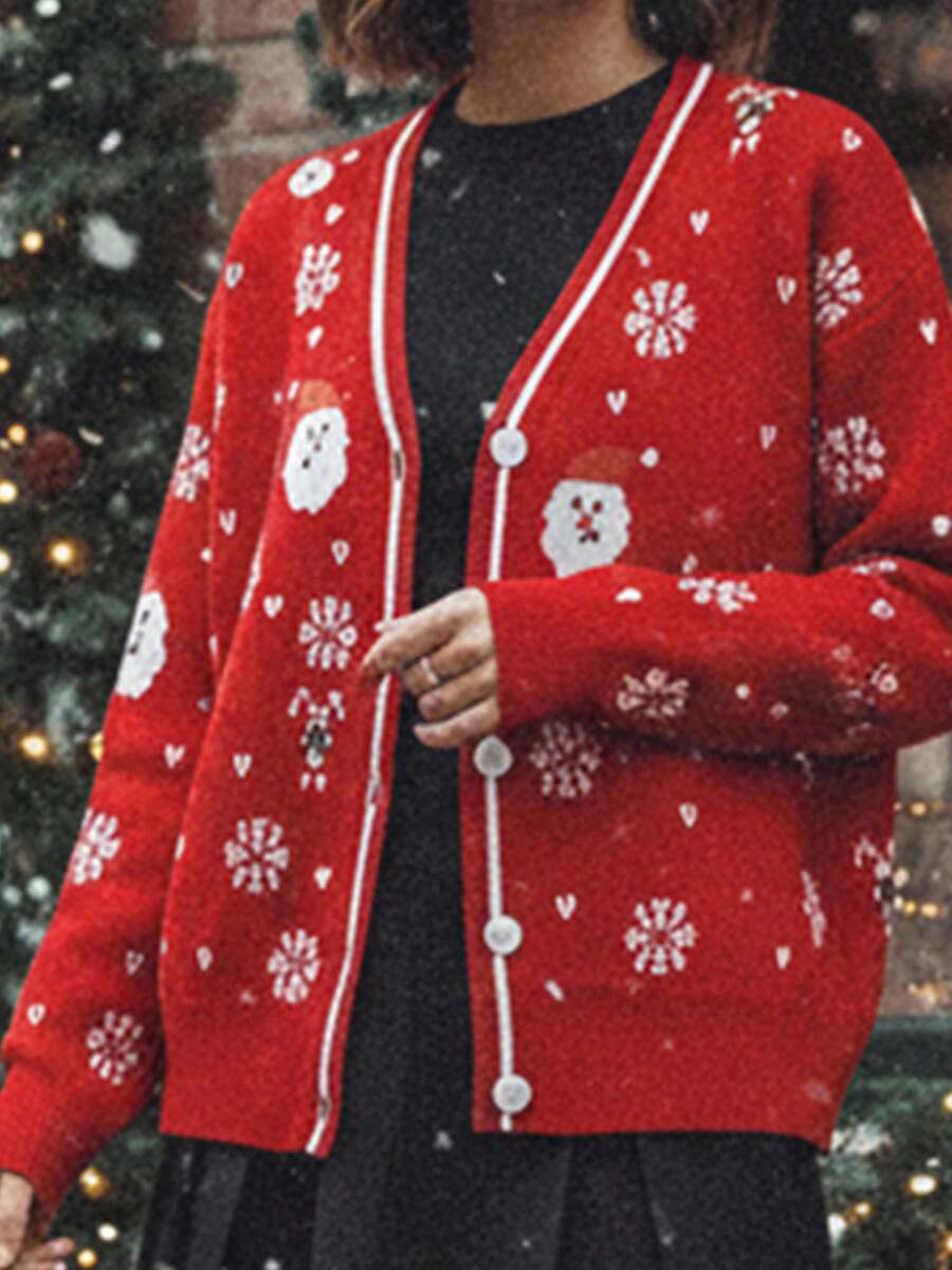Womens Knit Cardigan Fashion Santa Claus Snowflake Pattern Loose Fit Long Sleeve V Neck Button Up Sweater For Spring Autumn - Red - View 1