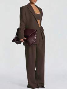 时尚设计休闲优雅纯色纽扣褶边女式通勤休闲优雅简约西装外套和裤子套装，适合晚间约会、节日、婚礼、学校、度假、办公室、日常、生日派对、约会、正式晚宴、返校派对、单身派对、旅行、茶会、机场 - 棕色 - 查看 2