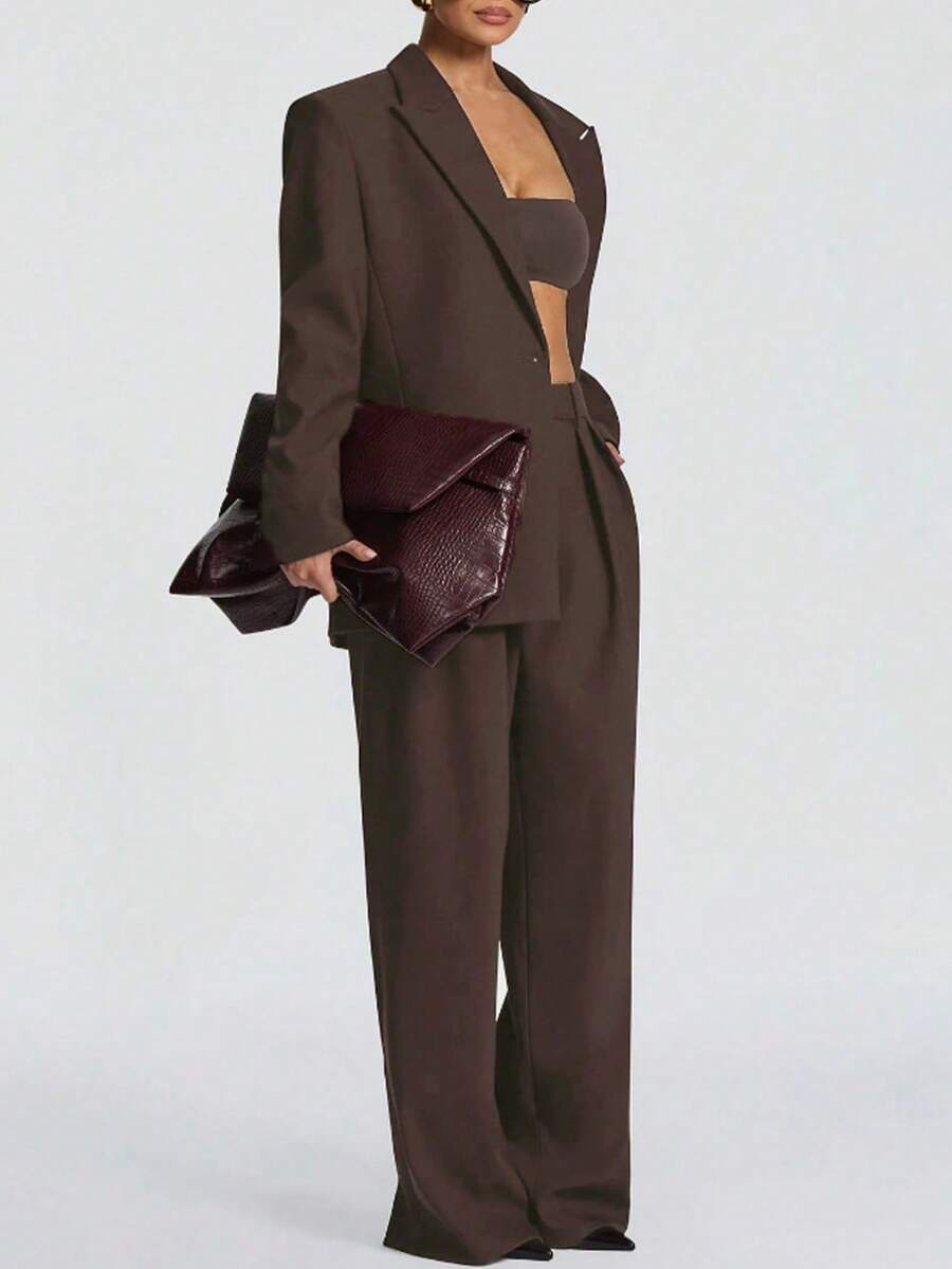 时尚设计休闲优雅纯色纽扣褶边女式通勤休闲优雅简约西装外套和裤子套装，适合晚间约会、节日、婚礼、学校、度假、办公室、日常、生日派对、约会、正式晚宴、返校派对、单身派对、旅行、茶会、机场