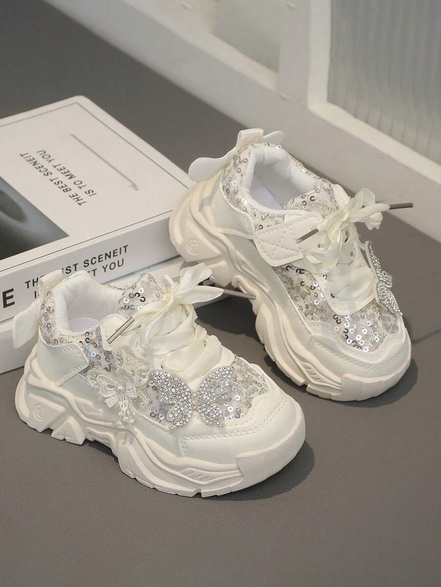 1 Pair Girls' Breathable Mesh Sports Shoes, Girls' Non-Slip Soft Bottom Comfortable Casual Shoes, Convenient Hook And Loop Design - 米色 - 查看 1