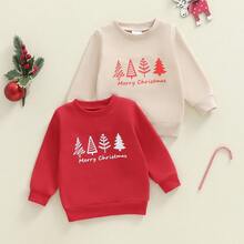 Toddler Boy Girl Christmas Sweatshirt Letter Tree Print Long Sleeve Round Neck Pullover Loose Tops - Beis - Ver 6