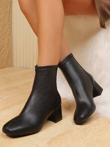 新款冬季保暖内衬尖头粗跟女靴，百搭时尚踝靴，后拉链设计，弹性鞋带 - 黑色(1735) - 查看 5