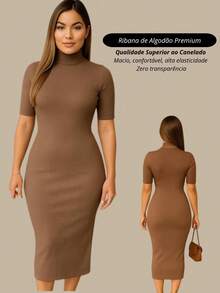 Women's Long Dress With Slit, Elegant Sleeveless Evening Party Dress,  Rib Knit, Premium Cotton. - 巧克力棕 - 查看 2