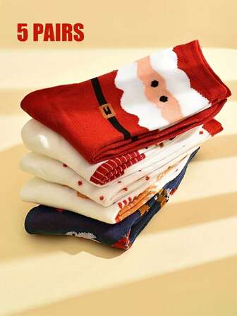 5 Pairs Of Unisex Autumn/Winter Christmas-Themed Socks: Featuring Santa Claus, Snowflakes, Snowmen, Reindeer, Gingerbread Men, And Christmas Trees. Comfortable Mid-Calf Length. The Perfect Gift For Friends And Family This Holiday Season.