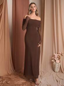 PARTHEA 露肩褶饰亮片网眼长裙 - 棕色 - 查看 8