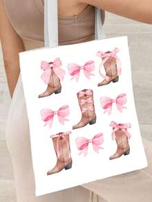 Geantă tote cu imprimeu față-verso cu model de pisică cowboy și fundă roz și cizme de cowboy, geantă de cumpărături cu model Western Cowboy Academy, geantă de cumpărături în stil Boho Academy, cadouri de Ziua Recunoștinței și Paște de toamnă, potrivită pentru uz zilnic, picnicuri și vacanțe la plajă, serviciu, școală, cadouri, 16in * 14in