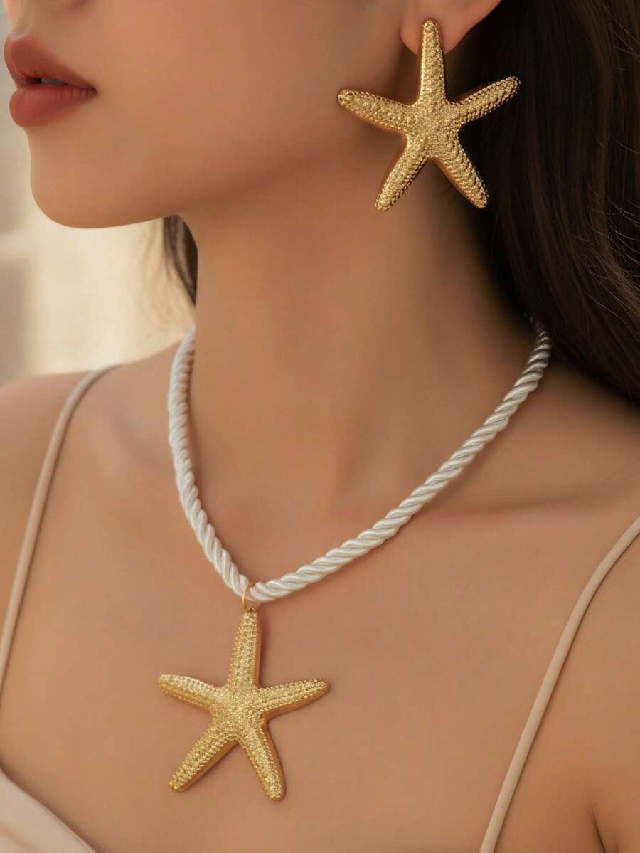 1 Set Of Summer Vacation Beach Style Starfish Pendant Necklace, Personalized Earrings, Women's Jewelry Set - Starfish - View 1