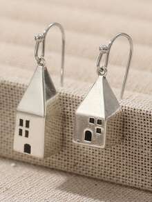 زوج من أقراط نسائية على شكل منزل نحاسي قديم، أقراط خطاف، هدية مجوهرات للمناسبات والاحتفالات والحفلات، هدية عيد مثالية - فضي - مشاهدة 2