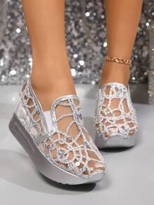 Women's Low-Top Sneakers, Sequined Mesh, Breathable Fabric, EVA Sole, All-Season Casual Sneakers. - 銀色 - 查看 2