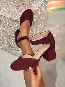 Women's Round Toe Hollow Out Chunky Heel Pumps,Burgundy Heels