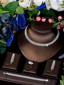 一套优雅的立方氧化锆菱形装饰首饰套装，适合女士派对佩戴 - 銀色 - 查看 2