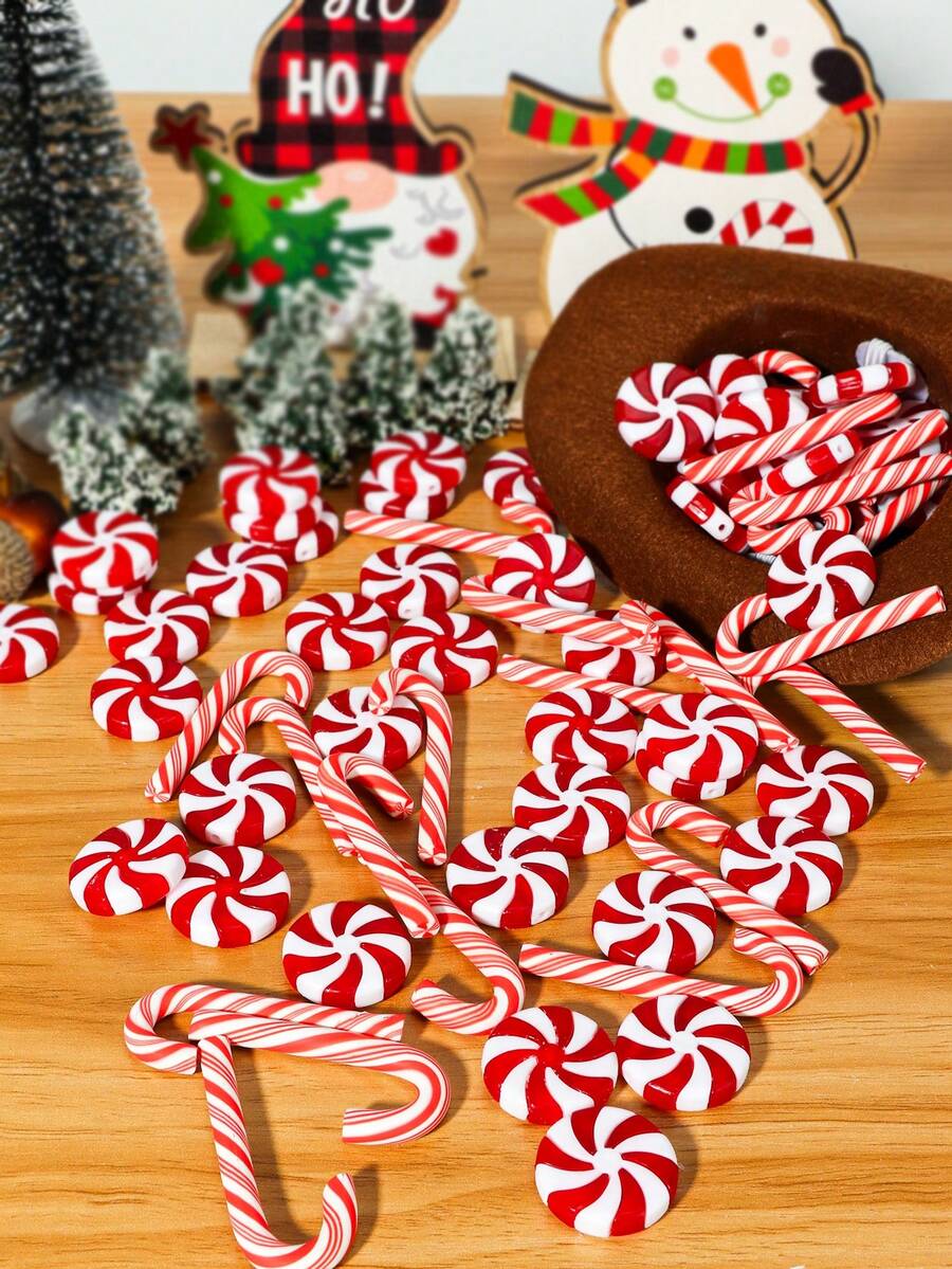 10/20套迷你圣诞拐杖糖装饰套装，仿真糖果装饰薄荷糖饰品，圣诞餐桌散落装饰，红白糖果花瓶填充物，可用于装饰、派对礼品、手工制作、新年、圣诞树挂饰、新年生日礼物 - 紅白色 - 查看 1