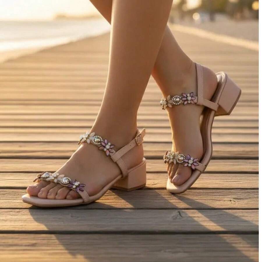 Women's Sandals Low Block Heel Thick Comfortable Rhinestones Feminine Casual Woman - Màu hồng gỉ - Xem 1