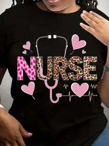 FNI Fusion Women's Plus Size Nurse Graphic T-Shirt - Short Sleeve, Crew Neck, With Stethoscope And Heartbeat Design, Casual T-Shirt For Nurses - 220gShort Sleeve Tops For Women Plus Size Spring Outfits For Women Spring Break Casual Daily Wear - 黑色 - 查看 6