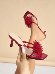 Women's Fashionable 3D Coral Tassel Floral Sexy Criss-Cross Strap Square Toe Kitten Heel Slip-On Sandals, Solid Color Glossy Texture Comfortable Material, Suitable For Spring/Summer Nightclub, Party, Travel, Shopping, Gathering, Wedding, Commuting, Elegant Luxury Style, Romantic Rose Red High Heels - Rose Red - View 10