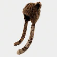 1 Pc New Plush Cute Leopard Print Long Ear Warm Ear Protection Hat With Long Braids Toe Caps - 粉色 - 查看 2