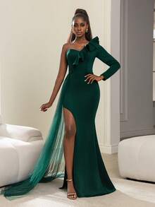Faeriesty Chic Women's Elegant Asymmetrical One-Shoulder Ruffled Mermaid Evening Gown With High-Leg Slit & Flowing Illusion Train, Form-Fitting Satin Banquet Dress For Black-Tie Galas, Red Carpet Events, Luxury Balls, Anniversary Soirees, And Charity Galas Christmas Matching Outfits - Dark Green - View 4