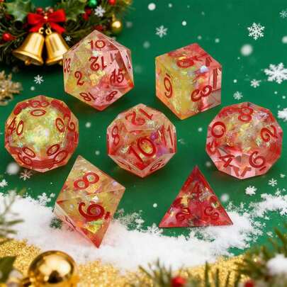 7pcs/Set Pointed Polyhedral Dice, Embedded With Glitter Paper, Board Game - Perfect Family Holiday Gift, Comes With Aluminum Box Packaging