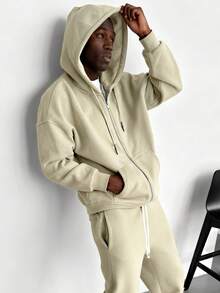 男女通用双拉链连帽衫，超大款酸洗连帽衫，厚实抓绒棉拉链连帽衫，复古款 - 卡其色 - 查看 2