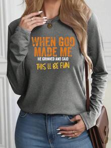 2025 LC [New Style Recommendation] Creative Letter Pattern Religious Belief Fun Printed-Shirt, Women's Casual, Vacation, Long Sleeve Round Neck, Spring Summer, Machine Washable, New Women's Fashion, Street Versatile, Slimming, Sports Casual Daily Wear - 黑色 - 查看 7