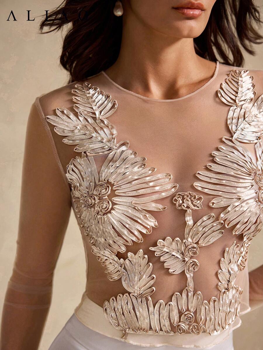 Aliao Floral Crochet Mesh Embroidery Elegant Sexy 3D Sheer Long Sleeve Blouse, Women's Sexy Top, Summer, Dignified, Suitable For Wedding Season, Valentine's Day, White Party, Old Money Style, Palace Style, Eye-Catching, Elegant Daily Wear Spring - Apricot - View 1