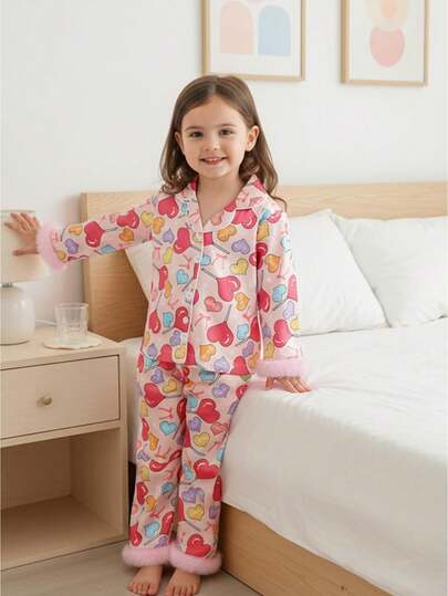 Toddler Girl Valentine's Satin Silk Pajamas Button Down 2 Piece Pajama Set Little Kids Girls Pjs Nightgown