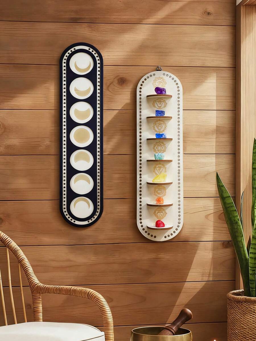 1件装木质脉轮水晶展示架壁挂式灵性波西米亚风家居装饰木质收纳架能量石整理架冥想祭坛装饰乡村美学墙面艺术摆件简约现代装饰架，适用于客厅、卧室、冥想室、玄关、办公室、公寓