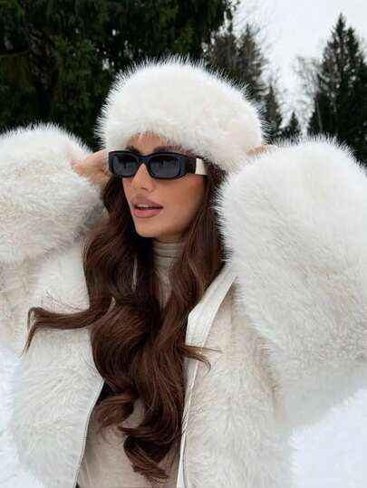 1pc White Fluffy Snowflake Ear Protector Hat, Women's Warm Plush Round Top Hat, Fluffy Headband, Suitable For Women Winter