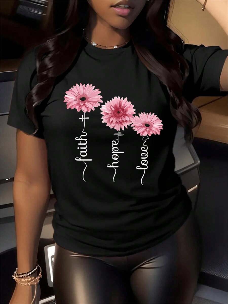 Camiseta de Cuello Redondo con Estampado Floral para Mujer - Tejido Suave y Elástico, Cómoda para Todas las Estaciones, Lavable a Máquina, Ropa Casual y Deportiva, Diseño Inspirador, Material No Transparente, Estilo Moderno, Técnica Transpirable, Camisetas para Actividades Físicas, Moda para Amantes del Estilo