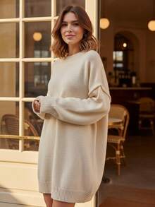 1pc Plus Size Loose Solid Ribbed Plus Size Sweater, Casual Home & Everyday Wear, Autumn/Winter - Beige - View 4