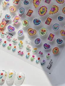 1片浮雕郁金香花束美甲贴纸，彩色印章，5D立体花卉美甲贴花，复古优雅植物图案，自粘式，适合女士精致DIY美甲，美甲用品，美甲贴纸 - 彩色 - 查看 7